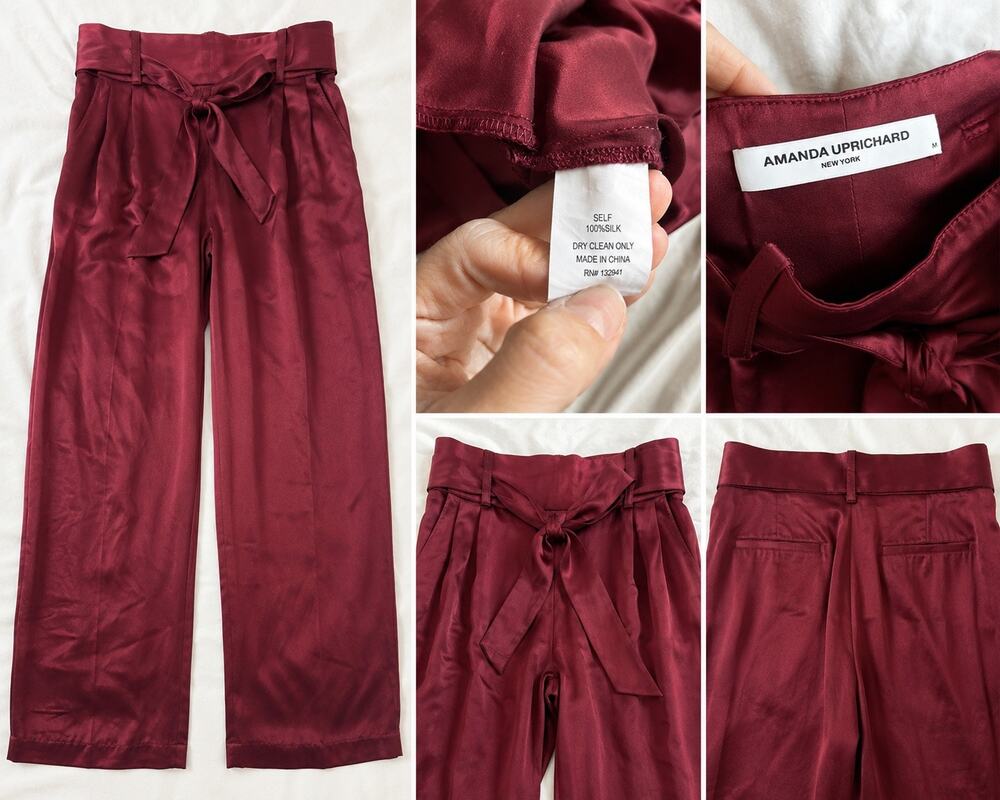 Amanda Uprichard 100% Silk Burgundy Paperbag Waist Tie Pants M Wide Leg Luxury